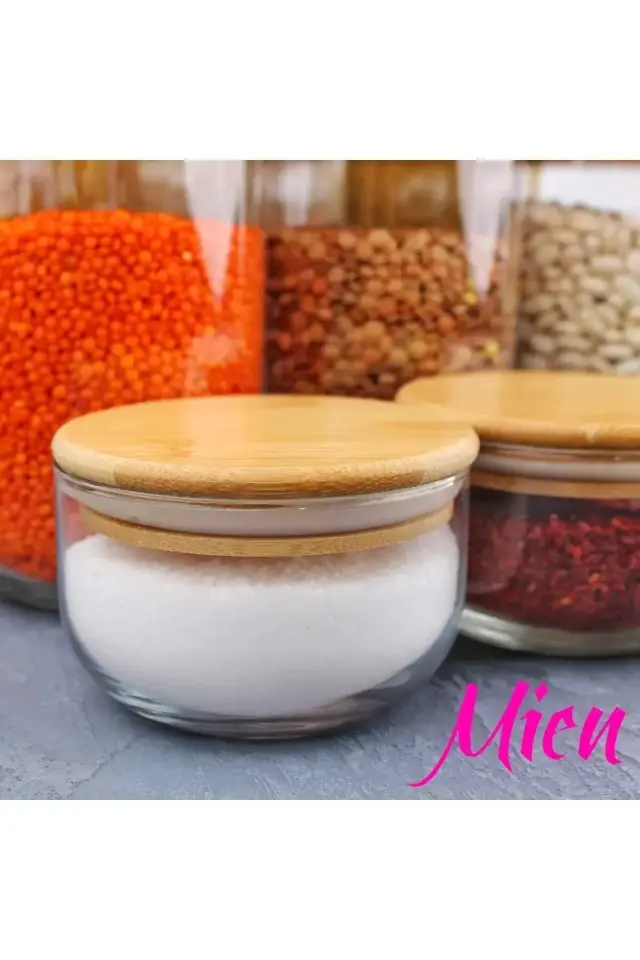 6 Adet Bambu Kapaklı Cam Saklama Kabı, Baharatlık, Kahvaltılık, 6'lı Set 380 Ml