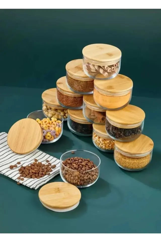 6 Adet Bambu Kapaklı Cam Saklama Kabı, Baharatlık, Kahvaltılık, 6'lı Set 380 Ml