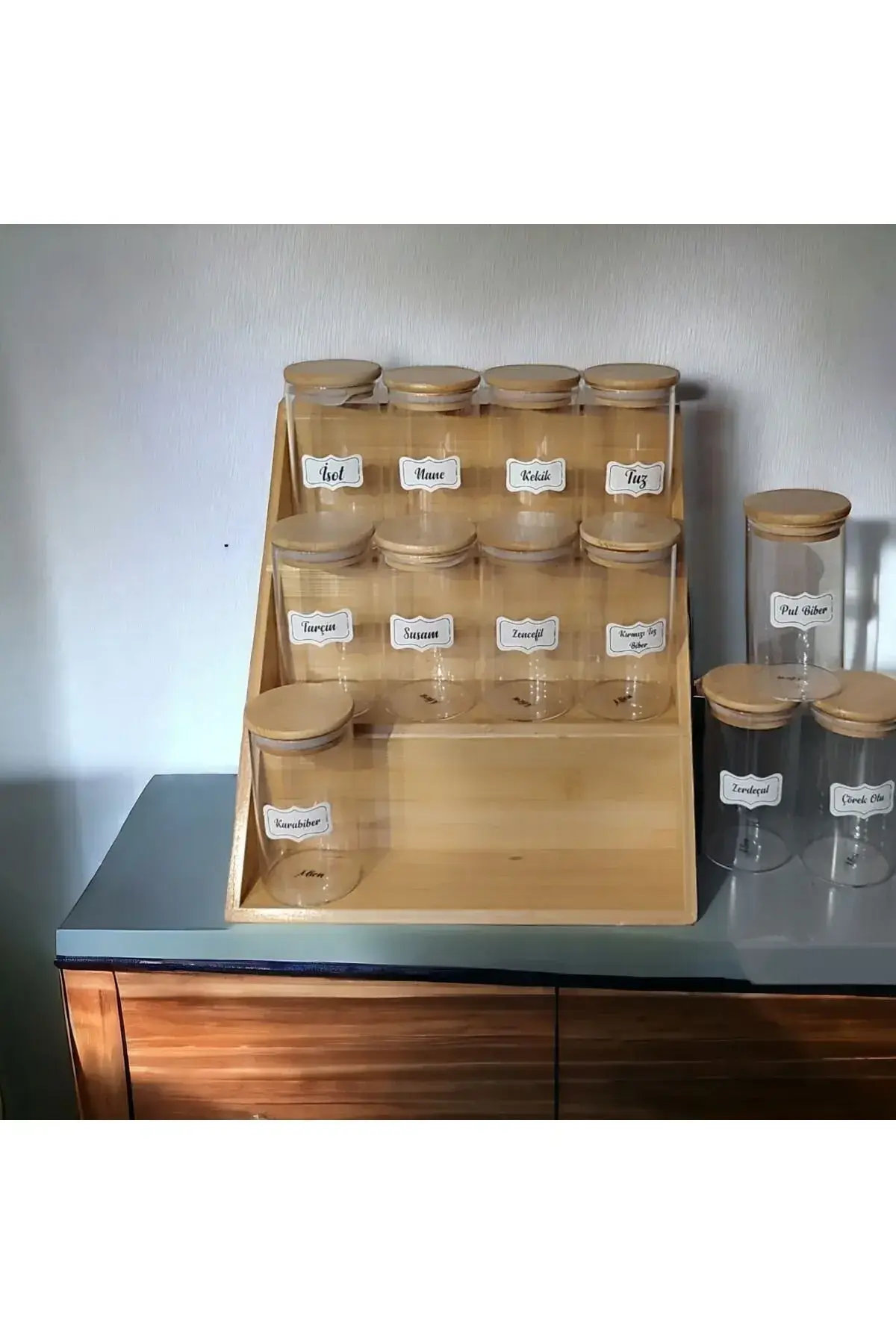 Bambu 3 Katlı Katlanır Ayaklı Kavanoz Standı, Çekmece Içi Baharatlık Standı Kavanozlu Etiketli Set