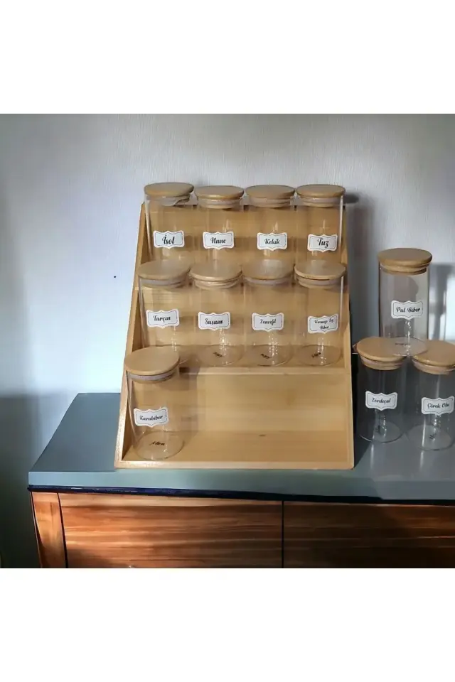 Bambu 3 Katlı Katlanır Ayaklı Kavanoz Standı, Çekmece Içi Baharatlık Standı Kavanozlu Etiketli Set