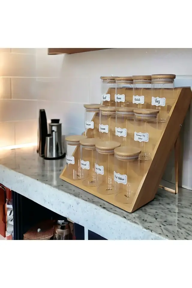 Bambu 3 Katlı Katlanır Ayaklı Kavanoz Standı, Çekmece Içi Baharatlık Standı Kavanozlu Etiketli Set