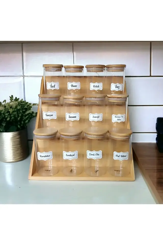 Bambu 3 Katlı Katlanır Ayaklı Kavanoz Standı, Çekmece Içi Baharatlık Standı Kavanozlu Etiketli Set