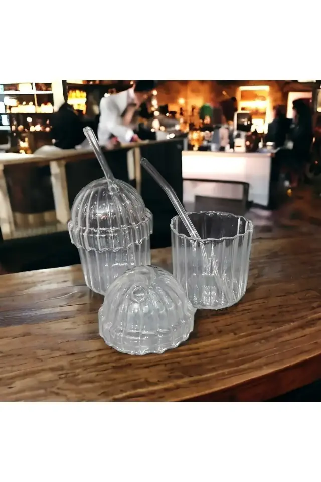 2 Adet Cam Kapaklı Isıya Dayanıklı Pinterest Bardak | Kahve Ve Sunum Bardağı 350 ML Pipetli bardak