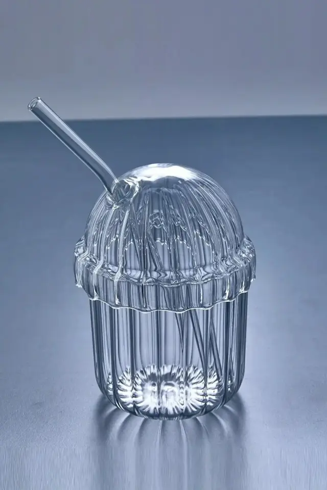 Cam Oval Kapaklı Isıya Dayanıklı Pinterest Bardak | Kahve Ve Sunum Bardağı| 350ml,Pipetli bardak