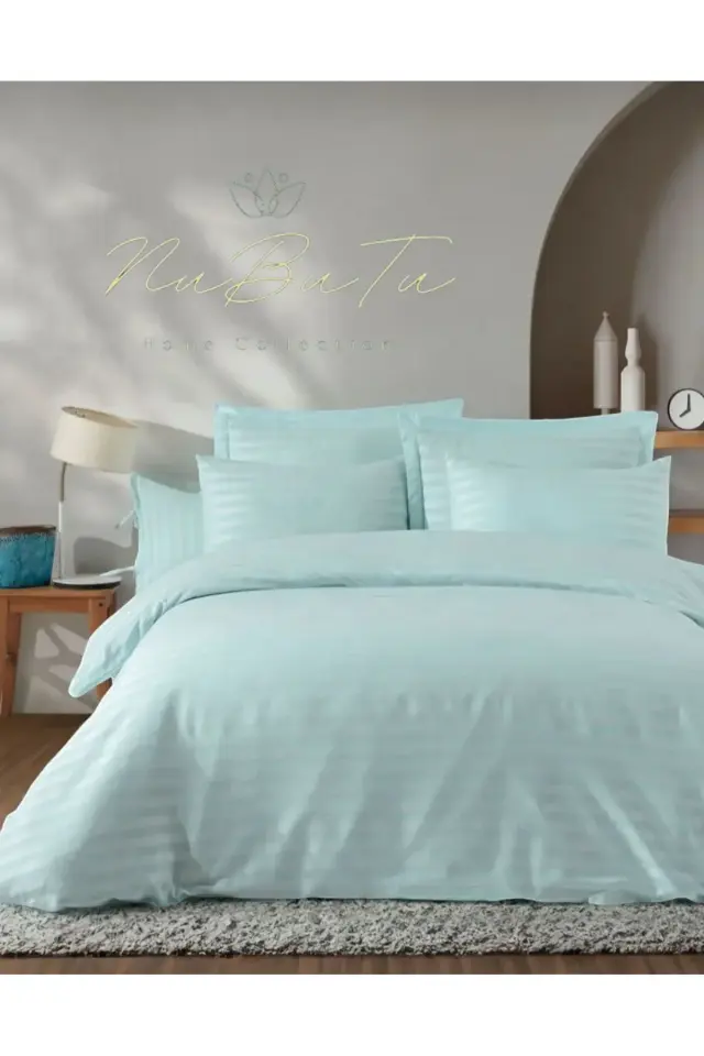 Pamuk Saten Çift Kişilik Çarşaflı lastikli Nevresim Takımı ,Çizgili Renkli Saten Nevresim