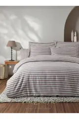 Pamuk Saten Çift Kişilik Çarşaflı lastikli Nevresim Takımı ,Çizgili Renkli Saten Nevresim