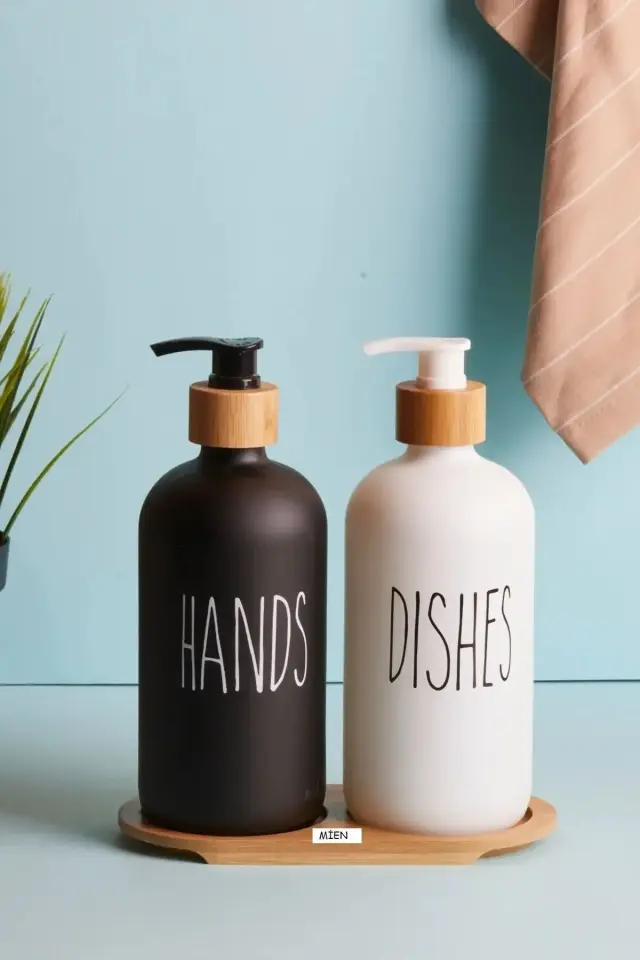 Lotion Black White 2 Li Sıvı Sabunluk,Siyah Beyaz cam bambu sabunluk