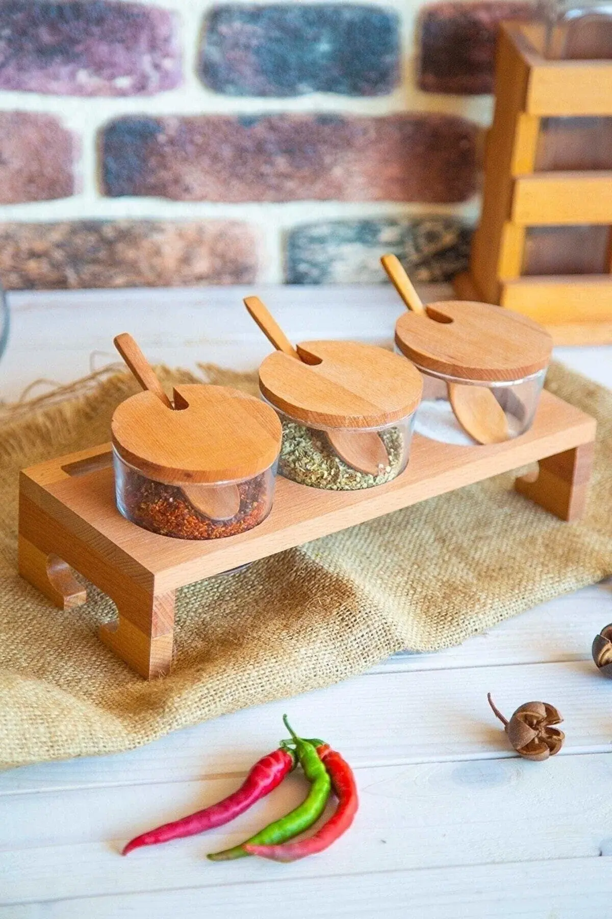 Trıo 3'lü Standlı Baharatlık Seti,ahşap Standlı Baharat Set