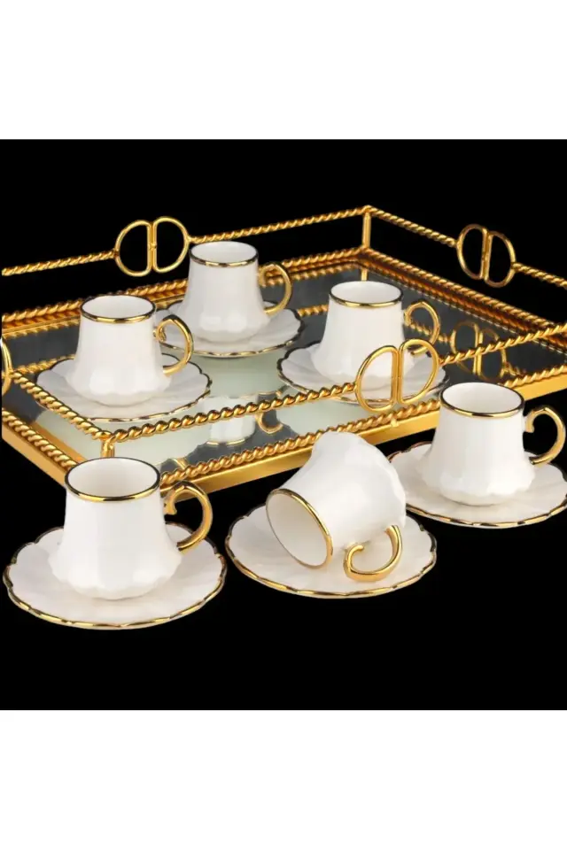 Yaldızlı Beyaz 6'lı Fincan Takımı,Yaldızlı Porselen Türk Kahvesi Fincanı Seti