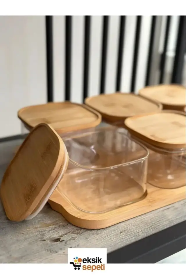 MİEN 6'lı Bambu Kapaklı Cam Kahvaltılık 13 Parça M-0003