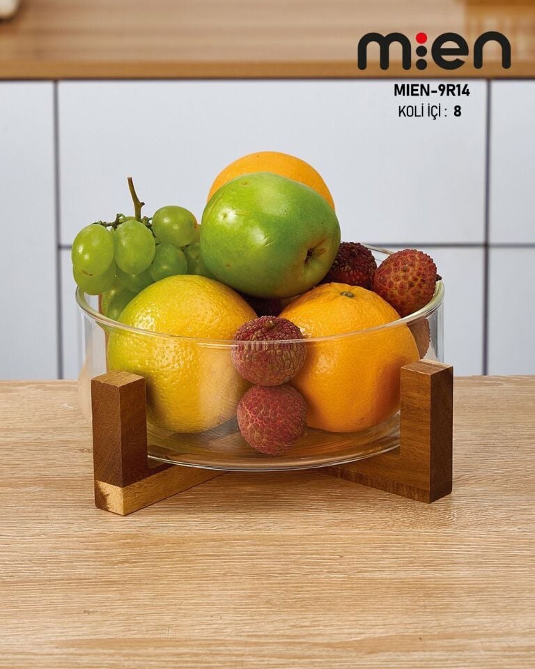 20 cm Akasya Ahşap Standlı Borosilikat Cam Kase