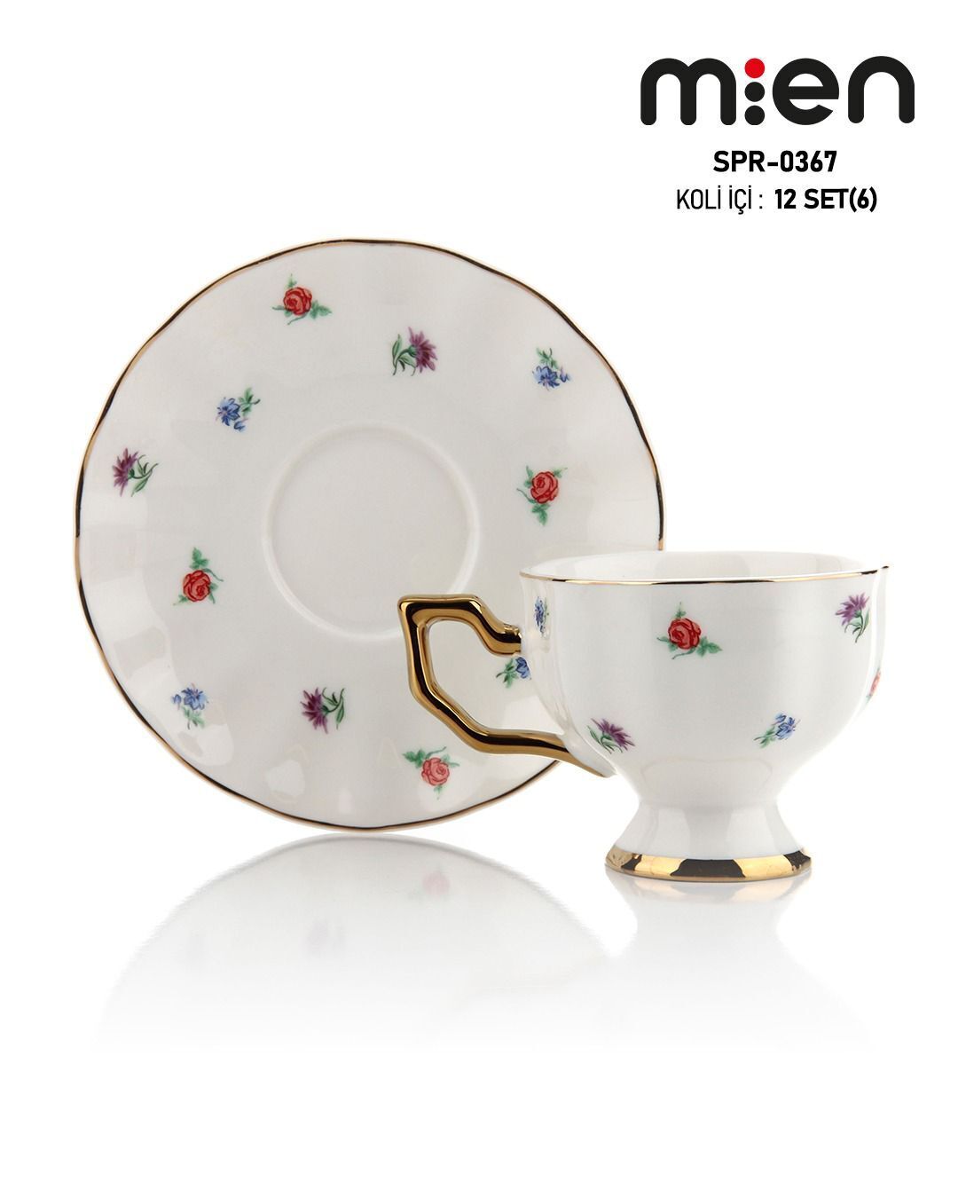 SPR-0367 Çiçek Desenli Gold Detaylı Porselen Kahve Fincan Takımı 6’lı