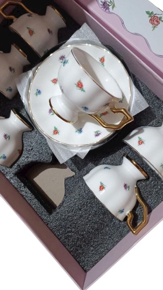 SPR-0367 Çiçek Desenli Gold Detaylı Porselen Kahve Fincan Takımı 6’lı