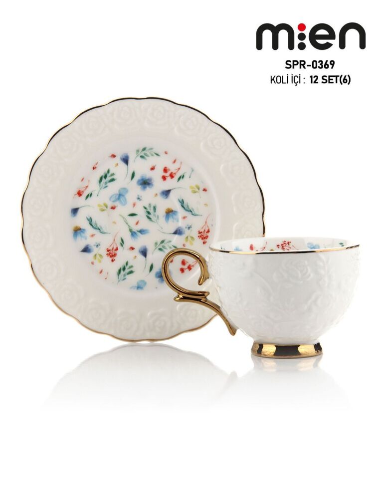 SPR-0369 Kabartma Desenli Çiçek Motifli Gold Detaylı Porselen Kahve Fincan Takımı 6’lı