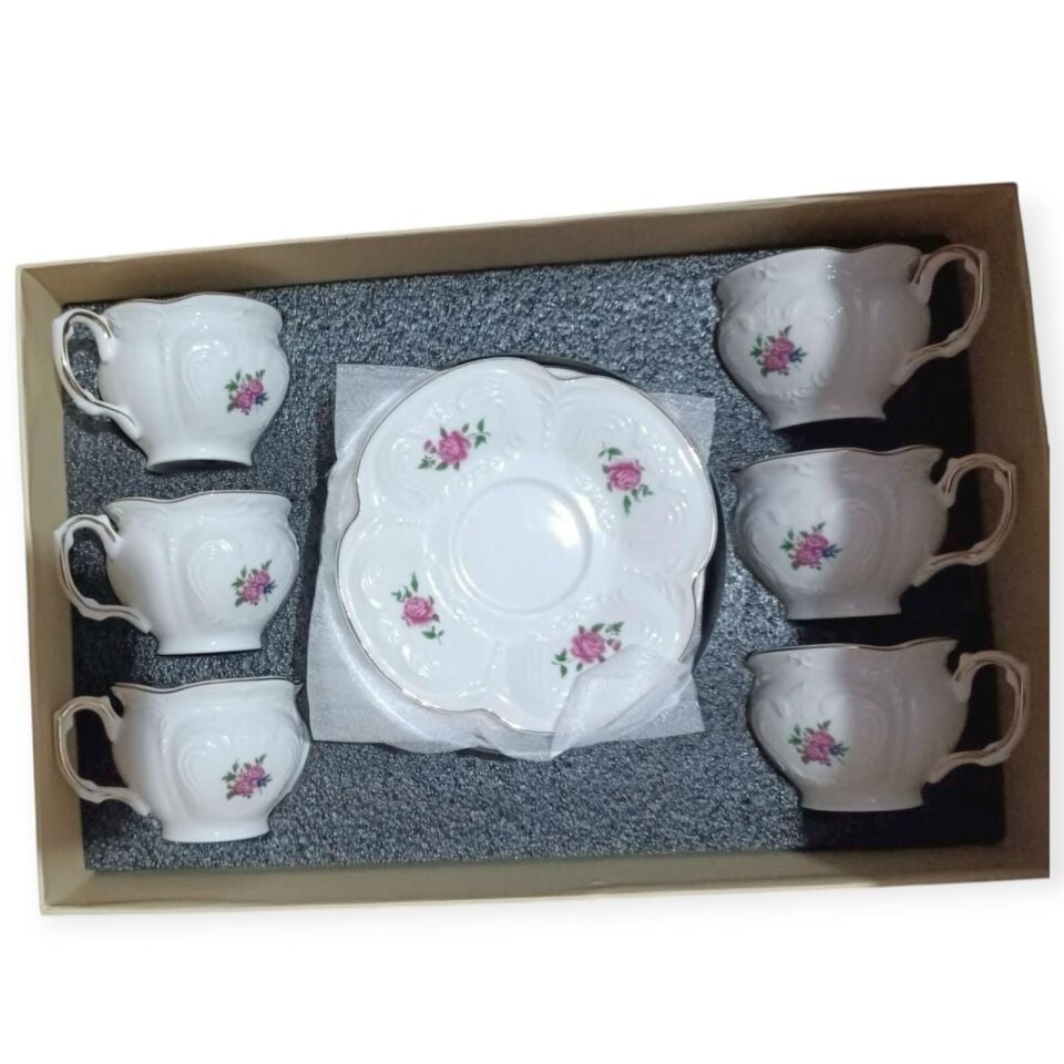 SPR-0371 Kabartma Desenli Gül Motifli Gold Detaylı Porselen Kahve Fincan Takımı 6’lı