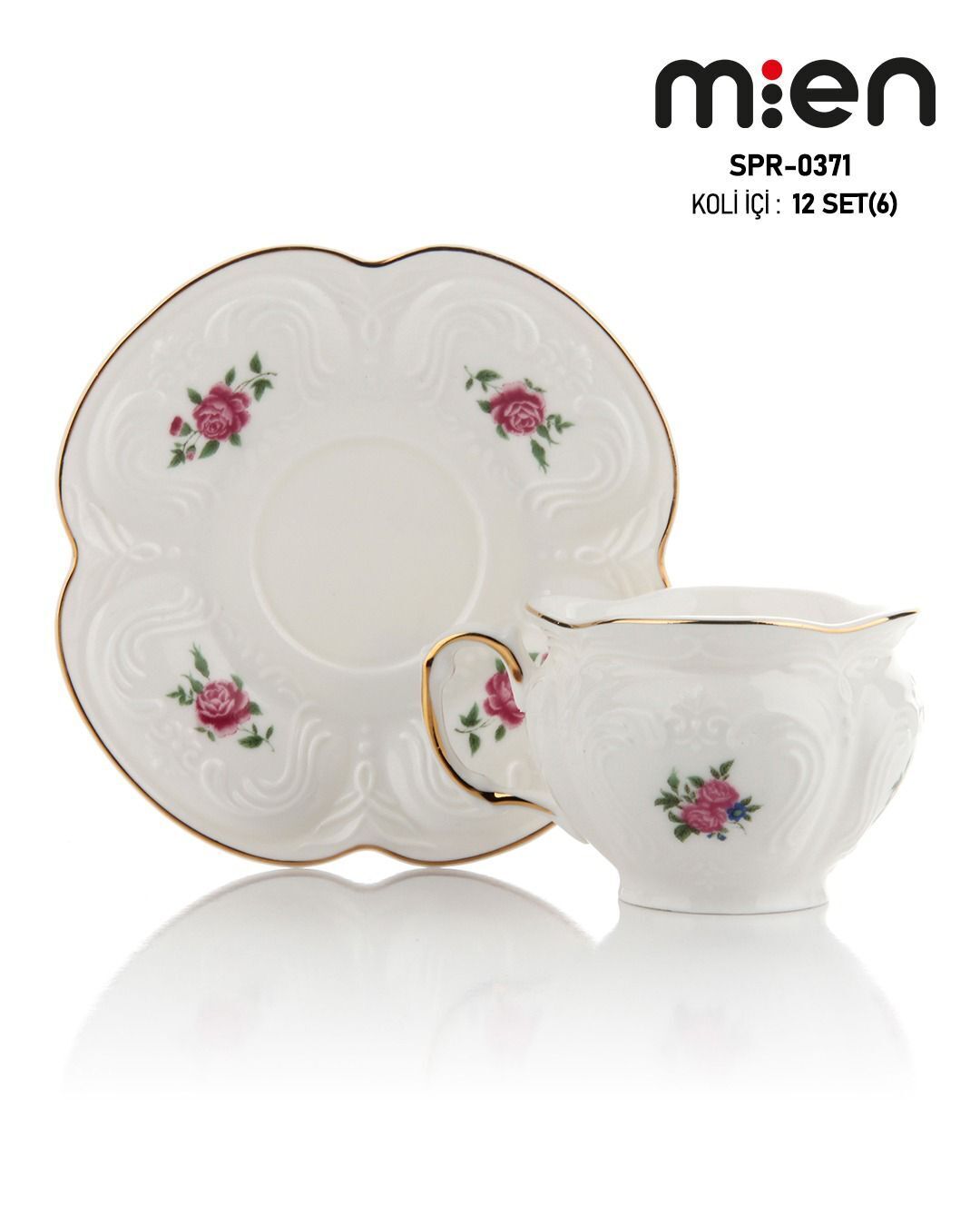 SPR-0371 Kabartma Desenli Gül Motifli Gold Detaylı Porselen Kahve Fincan Takımı 6’lı