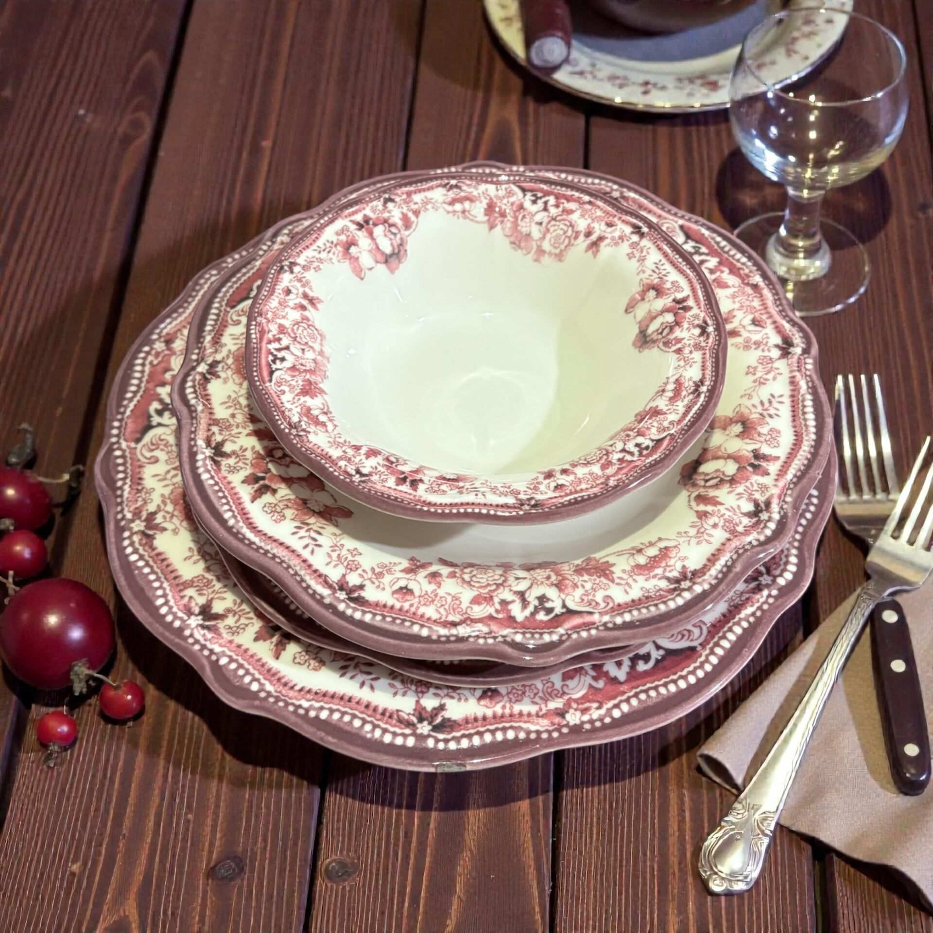 Velour Maroon Fulya Yemek Seti 24 parça