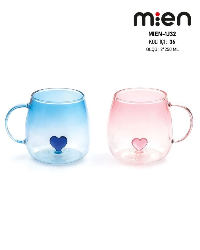 2'Li Love Cam Kupa Seti, Kalpli 2'li Cam Kupa 250ml