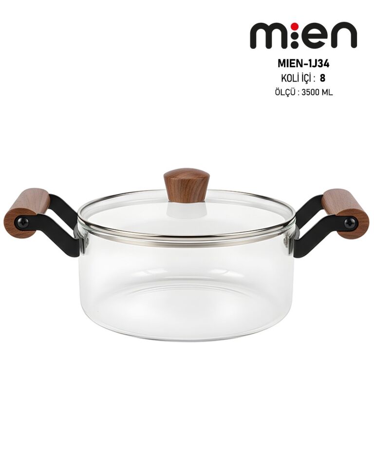 Ahşap Kulplu Cam Tencere 3500ml,Isıya Dayanıklı Kapaklı Cam Tencere