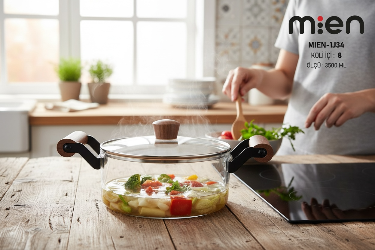 Ahşap Kulplu Cam Tencere 3500ml,Isıya Dayanıklı Kapaklı Cam Tencere