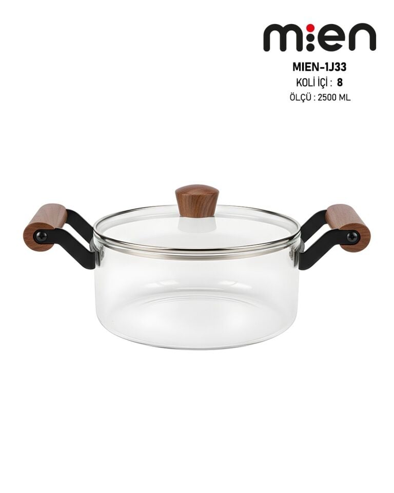 Ahşap Kulplu Cam Tencere 2500ml,Isıya Dayanıklı Kapaklı Cam Tencere