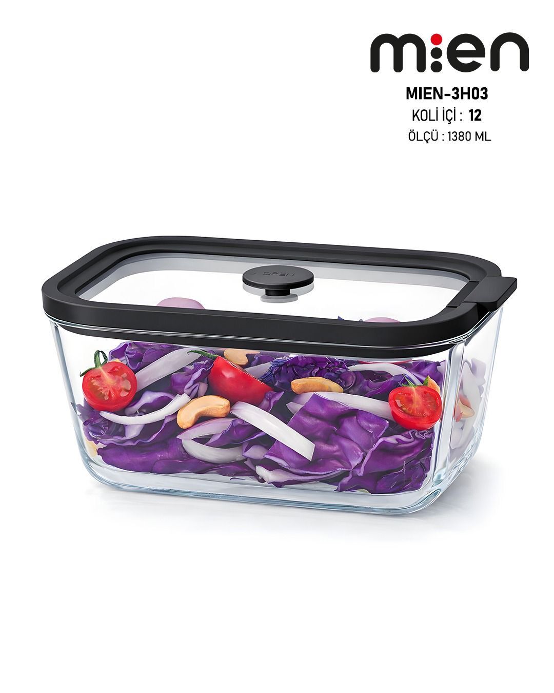 1380 ML Sızdırmaz Kapaklı Cam Saklama Kabı - Siyah