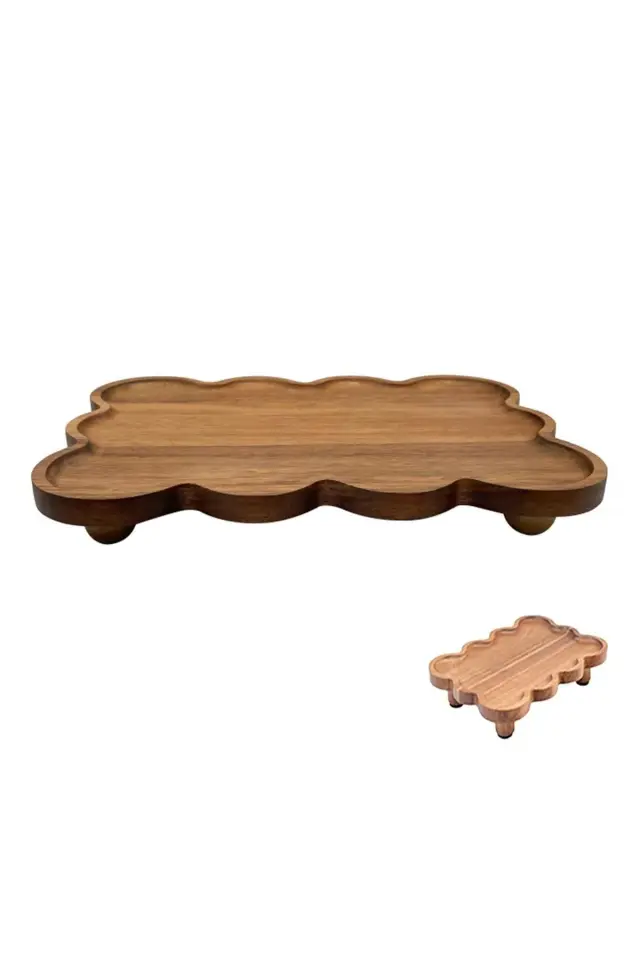 Akasya Ahşap Dikdörtgen Sunumluk - Dalgalı Kenar Dekoratif Tabak (32x23x5 cm)