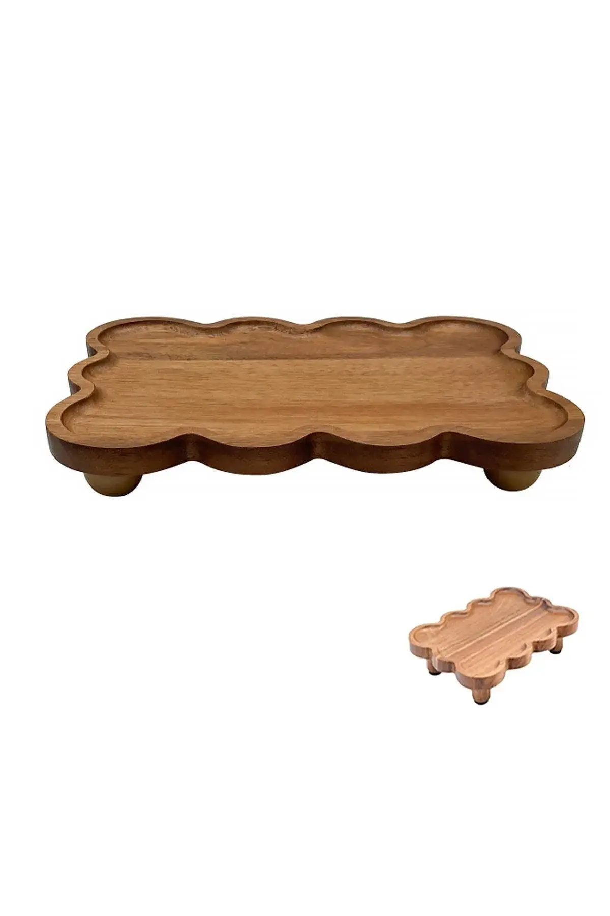 Akasya Ahşap Dikdörtgen Sunumluk - Dalgalı Kenar Dekoratif Tabak (27x16x5 cm)