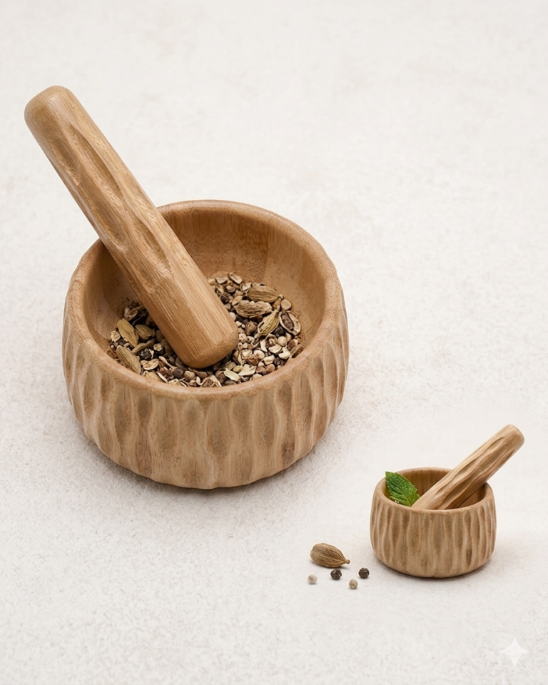 Bambu Köşeli Havan Seti 12cm