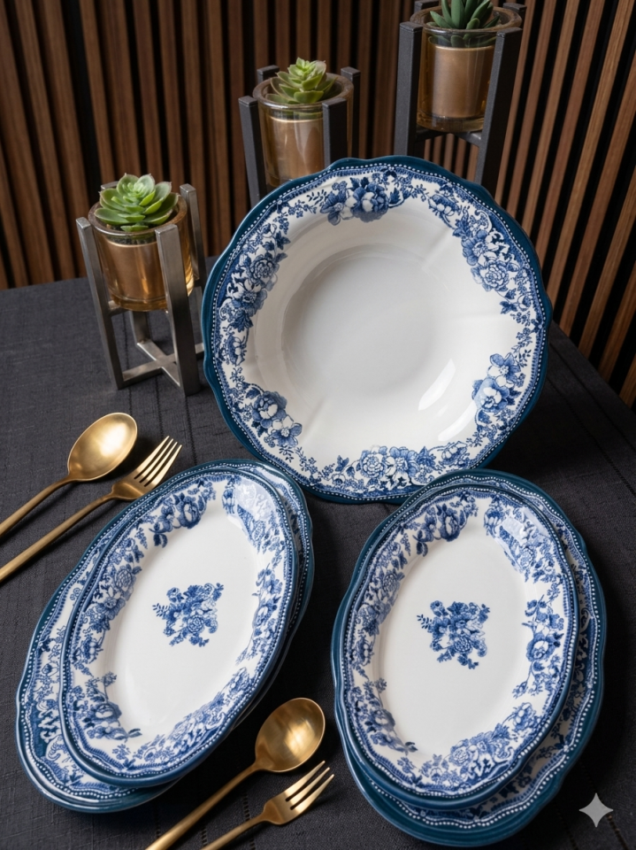 5 Parça Velour Navy Salata Kayık Seti Porselen