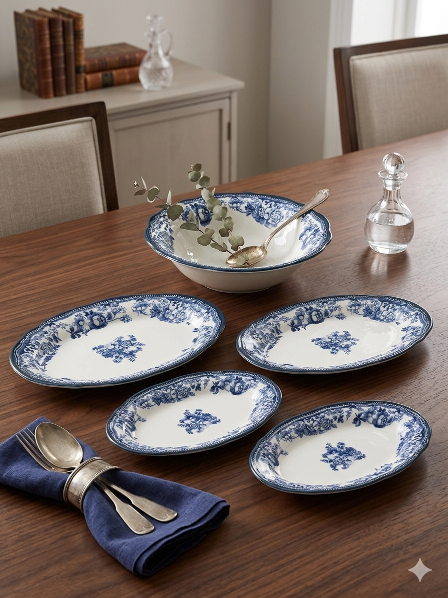5 Parça Velour Navy Salata Kayık Seti Porselen