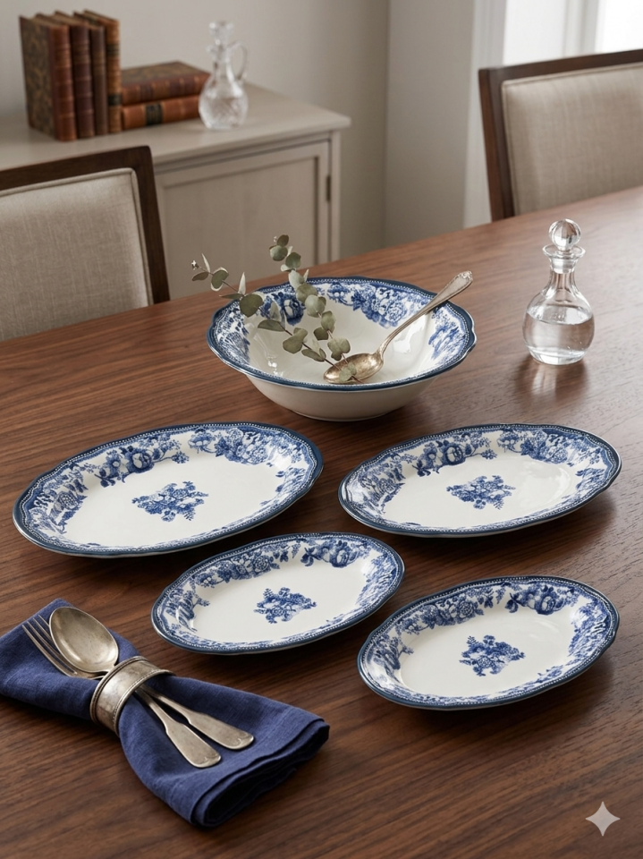 5 Parça Velour Navy Salata Kayık Seti Porselen