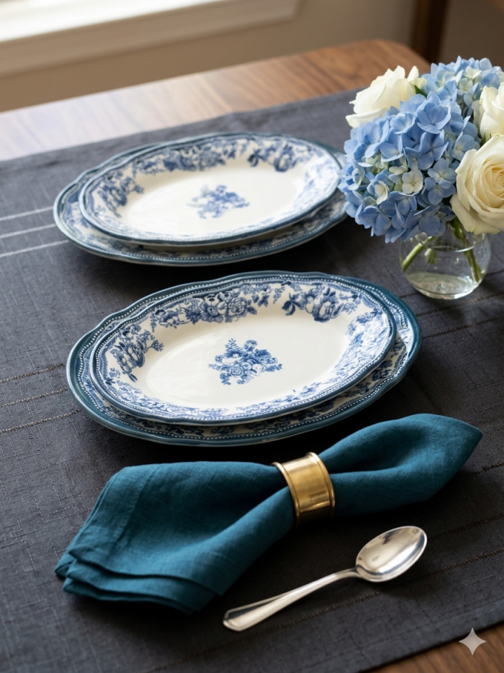 5 Parça Velour Navy Salata Kayık Seti Porselen