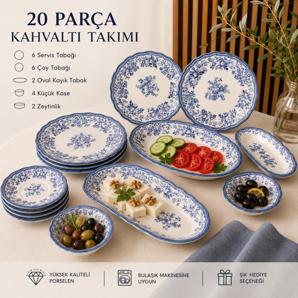 Porser Velour Navy 20 Parça Kahvaltı Takımı , Porselen Kahvaltı Takımı