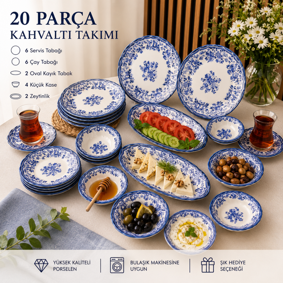 Porser Velour Navy 20 Parça Kahvaltı Takımı , Porselen Kahvaltı Takımı