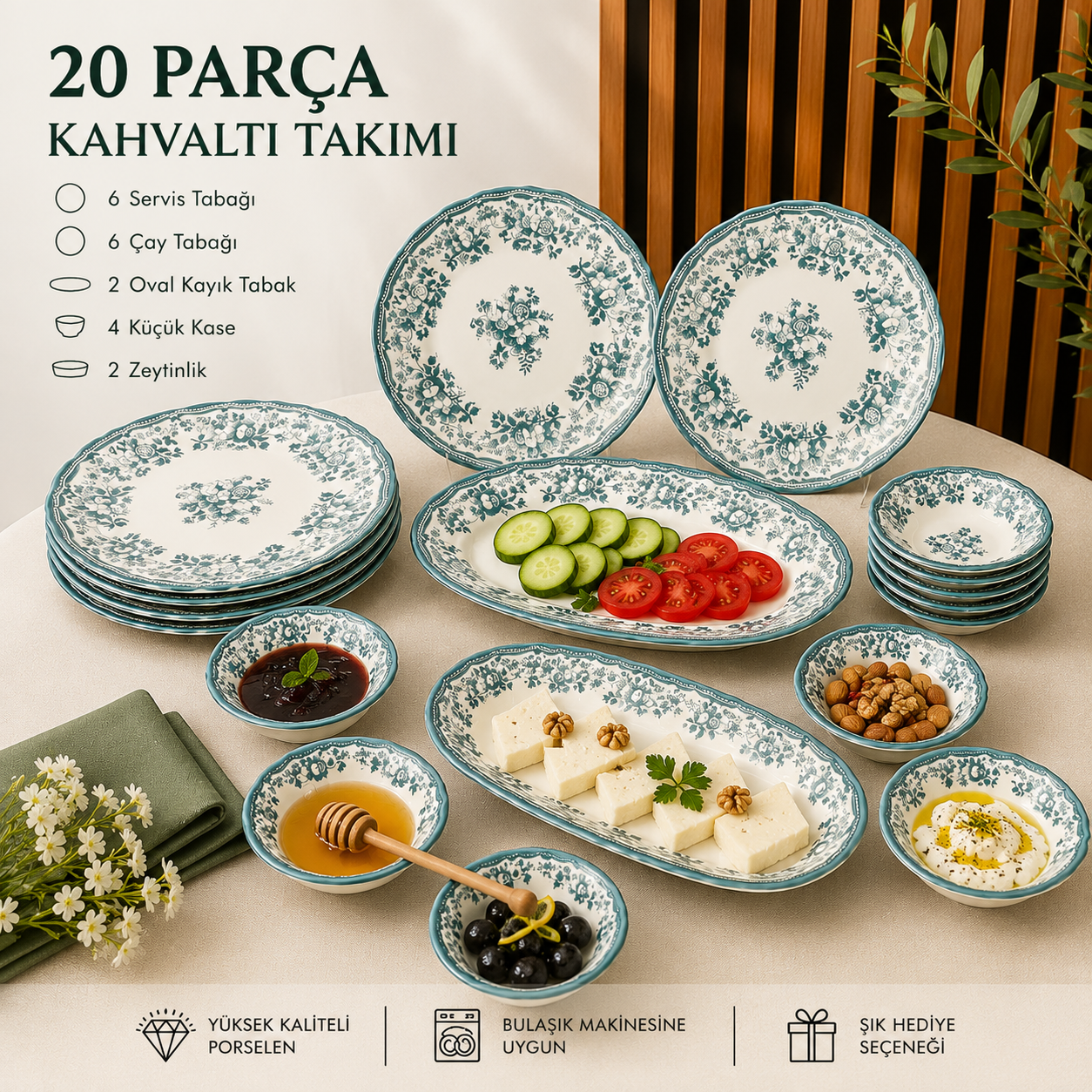 Porser Velour Green 20 Parça Kahvaltı Takımı , Porselen Kahvaltı Takımı