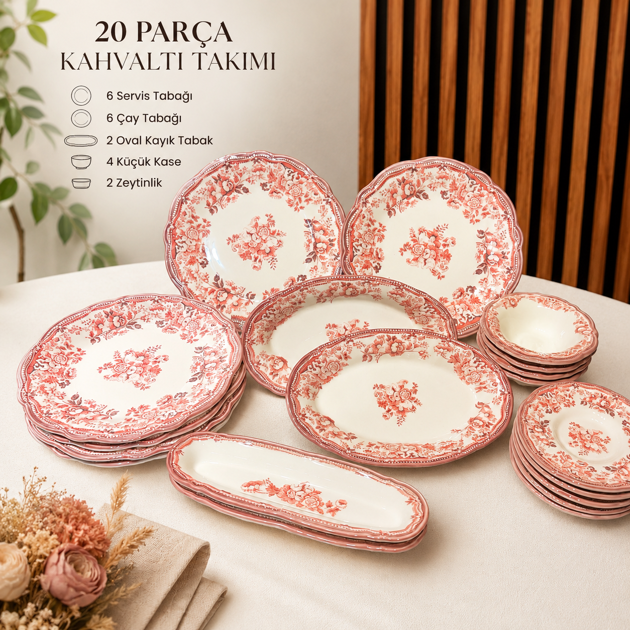 Porser Velour Maroon 20 Parça Kahvaltı Takımı , Porselen Kahvaltı Takımı