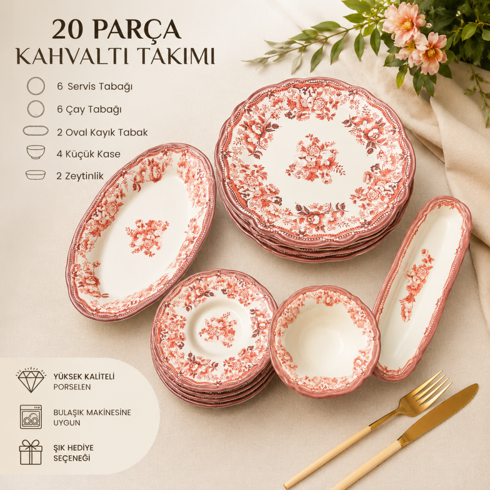 Porser Velour Maroon 20 Parça Kahvaltı Takımı , Porselen Kahvaltı Takımı
