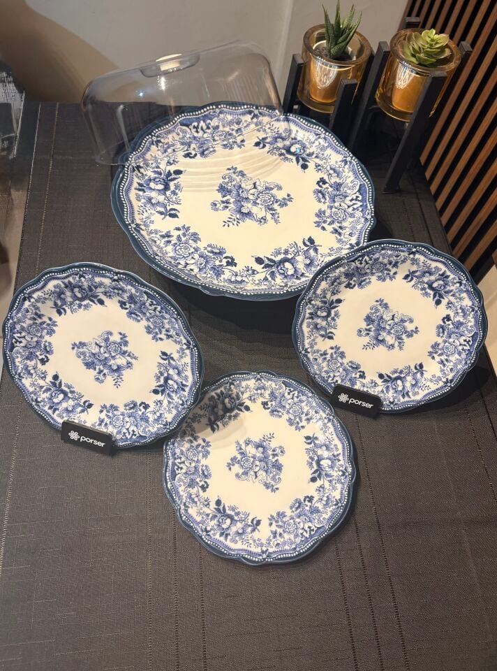 Porser Velour Navy Fulya Ayaklı Sunum Seti 8 Parça Porselen 6 kişilik Pasta Seti